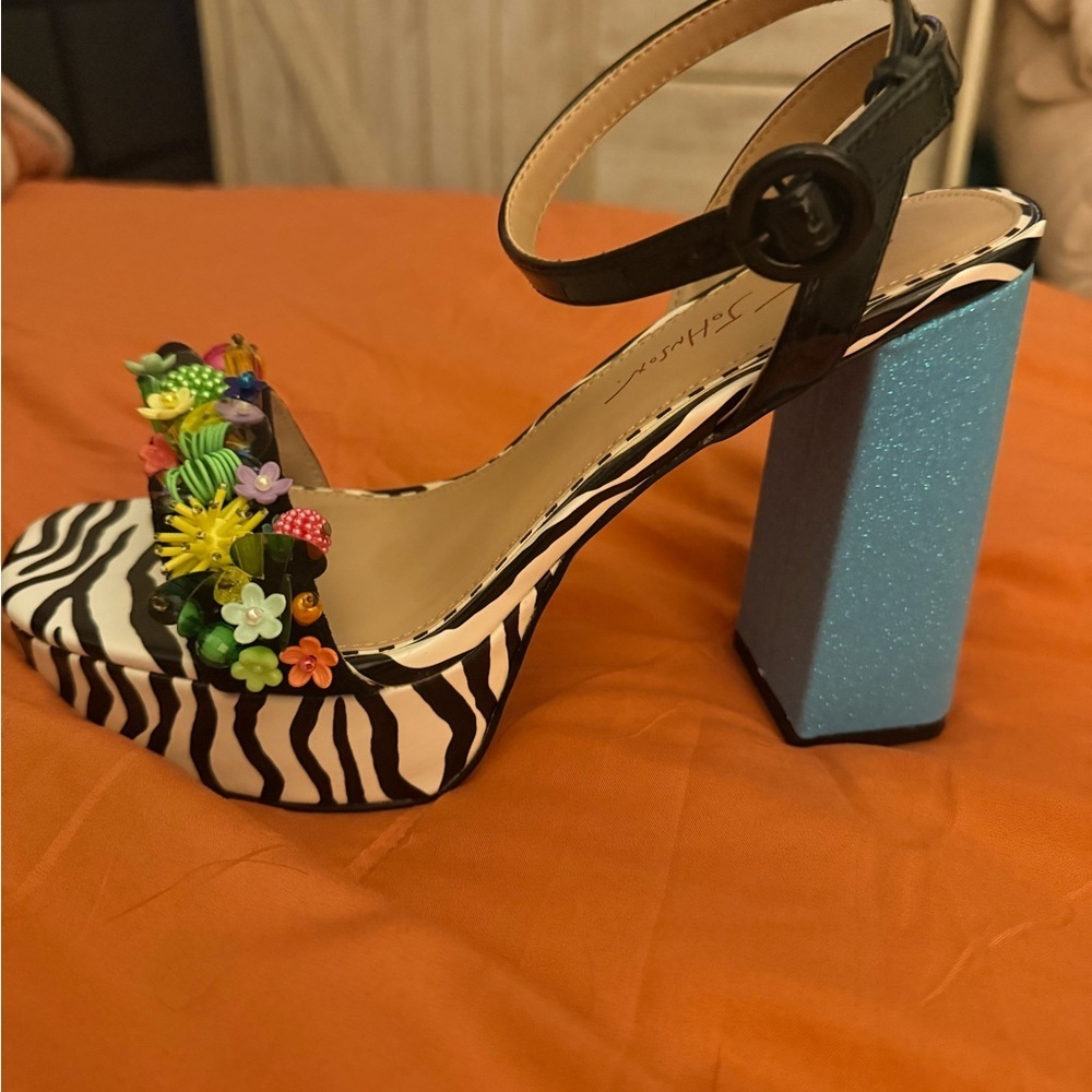 Platform Zebra Print Ankle-Strap Sandal with Blue Block Heel